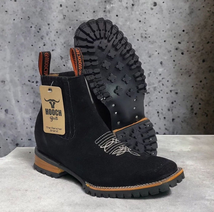 Suede Leather Square Toe Tractor Sole Ankle Boots - Black - Hooch Boots