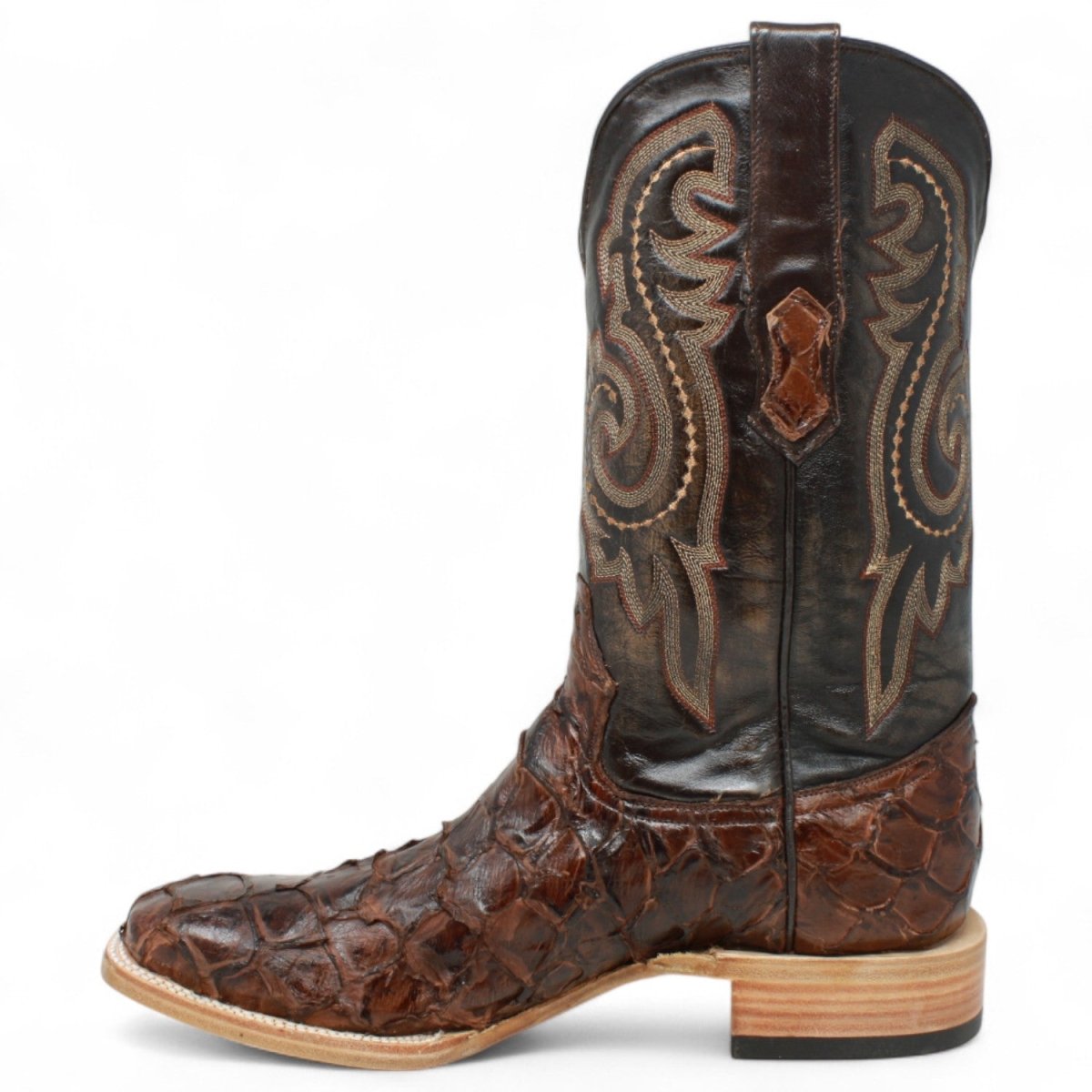 Tanner Mark Men's Genuine Monster Fish Leather Square Toe Boots Chocolate TMX201307 - Tanner Mark Boots