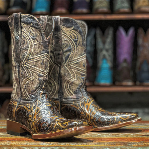 Tanner Mark Men's Hand Tooled Square Toe Boots Dark Brown - Tanner Mark Boots