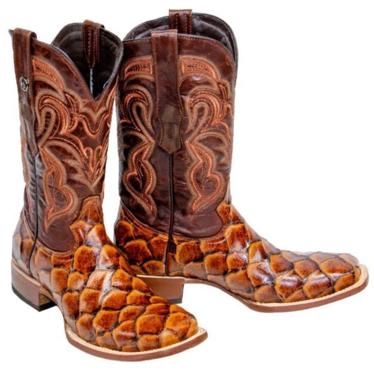 Tanner Mark Men's Print Monster Fish Square Toe Boots Cognac TM201715