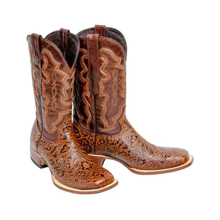 Tanner Mark Men's Sawyer Hand Tooled Square Toe Boots Cognac - Tanner Mark Boots