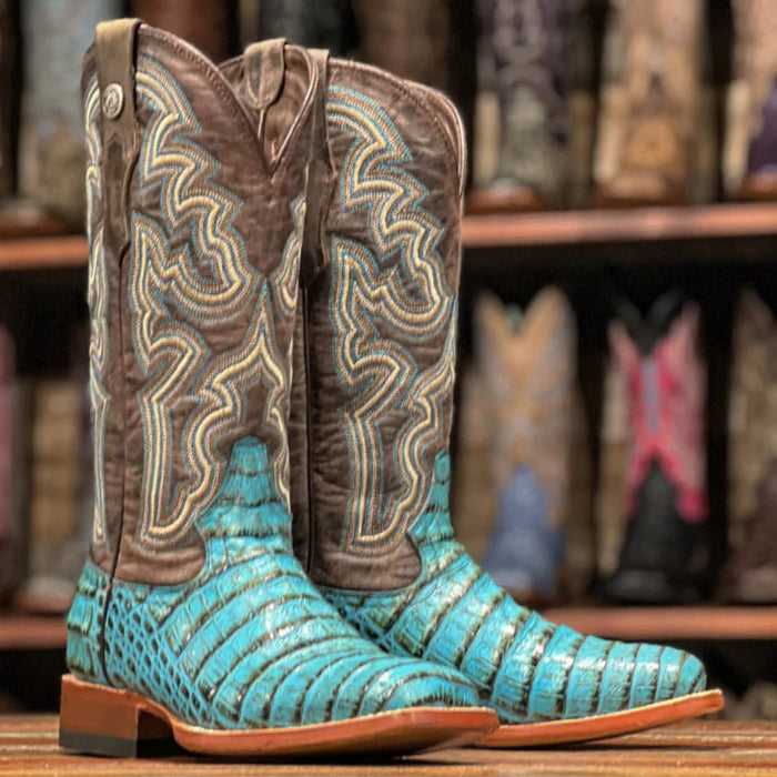 Tanner Mark Women's 'Agave Sky' Print Caiman Belly Square Toe Boots Turquoise - Tanner Mark Boots