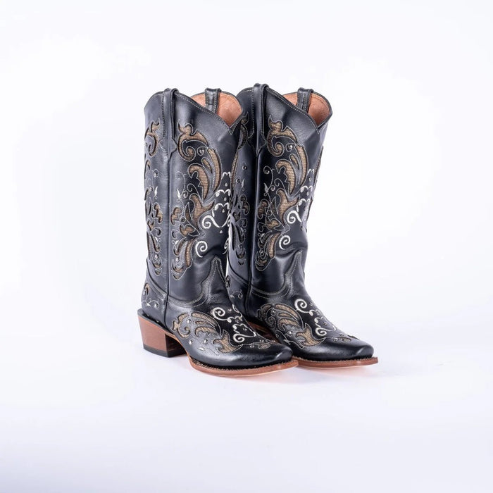 Tanner Mark Women's Hand Tooled Square Toe Leather Boots Black & Gold - Tanner Mark Boots