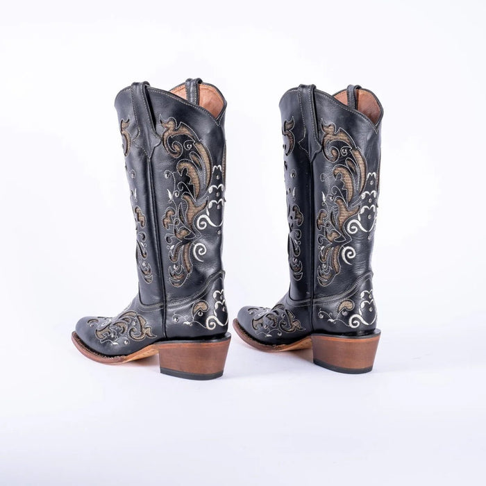 Tanner Mark Women's Hand Tooled Square Toe Leather Boots Black & Gold - Tanner Mark Boots