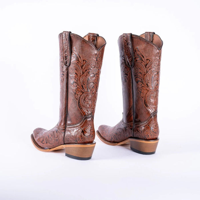 Tanner Mark Women's Hand Tooled Square Toe Leather Boots Cognac - Tanner Mark Boots