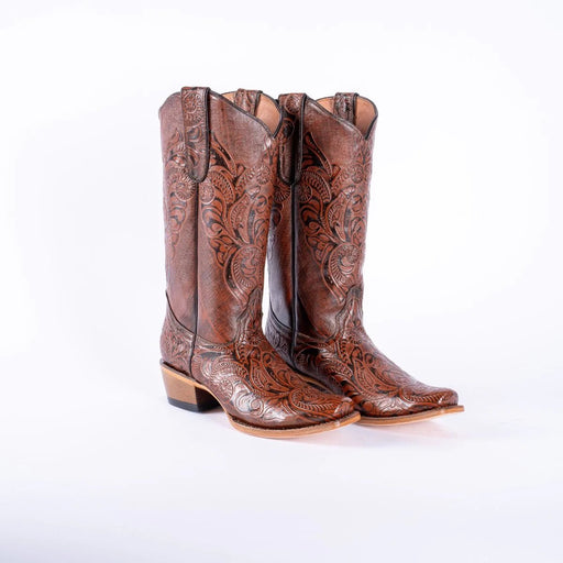 Tanner Mark Women's Hand Tooled Square Toe Leather Boots Cognac - Tanner Mark Boots