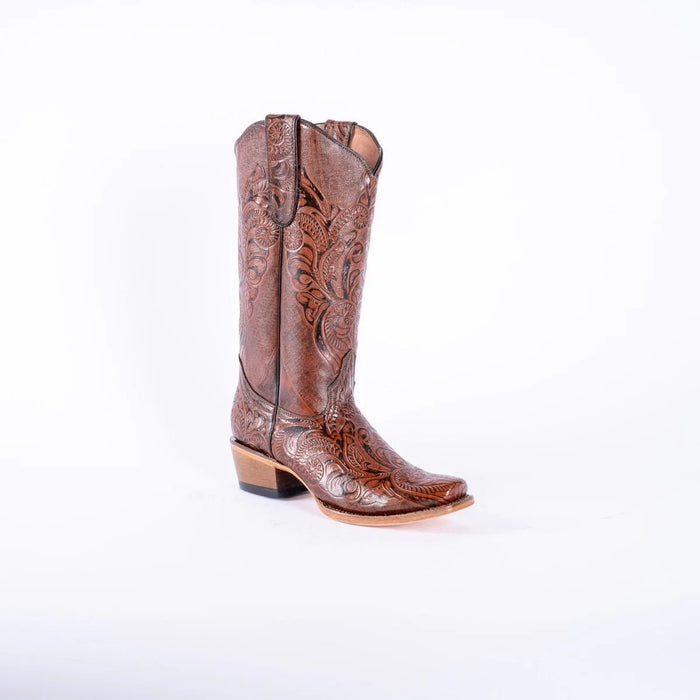 Tanner Mark Women's Hand Tooled Square Toe Leather Boots Cognac - Tanner Mark Boots