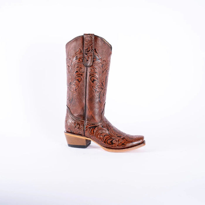 Tanner Mark Women's Hand Tooled Square Toe Leather Boots Cognac - Tanner Mark Boots