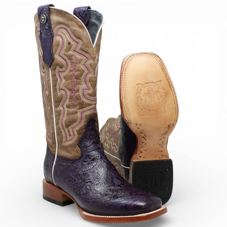 Tanner Mark Women's Hand Tooled Square Toe Leather Boots Grape - Tanner Mark Boots