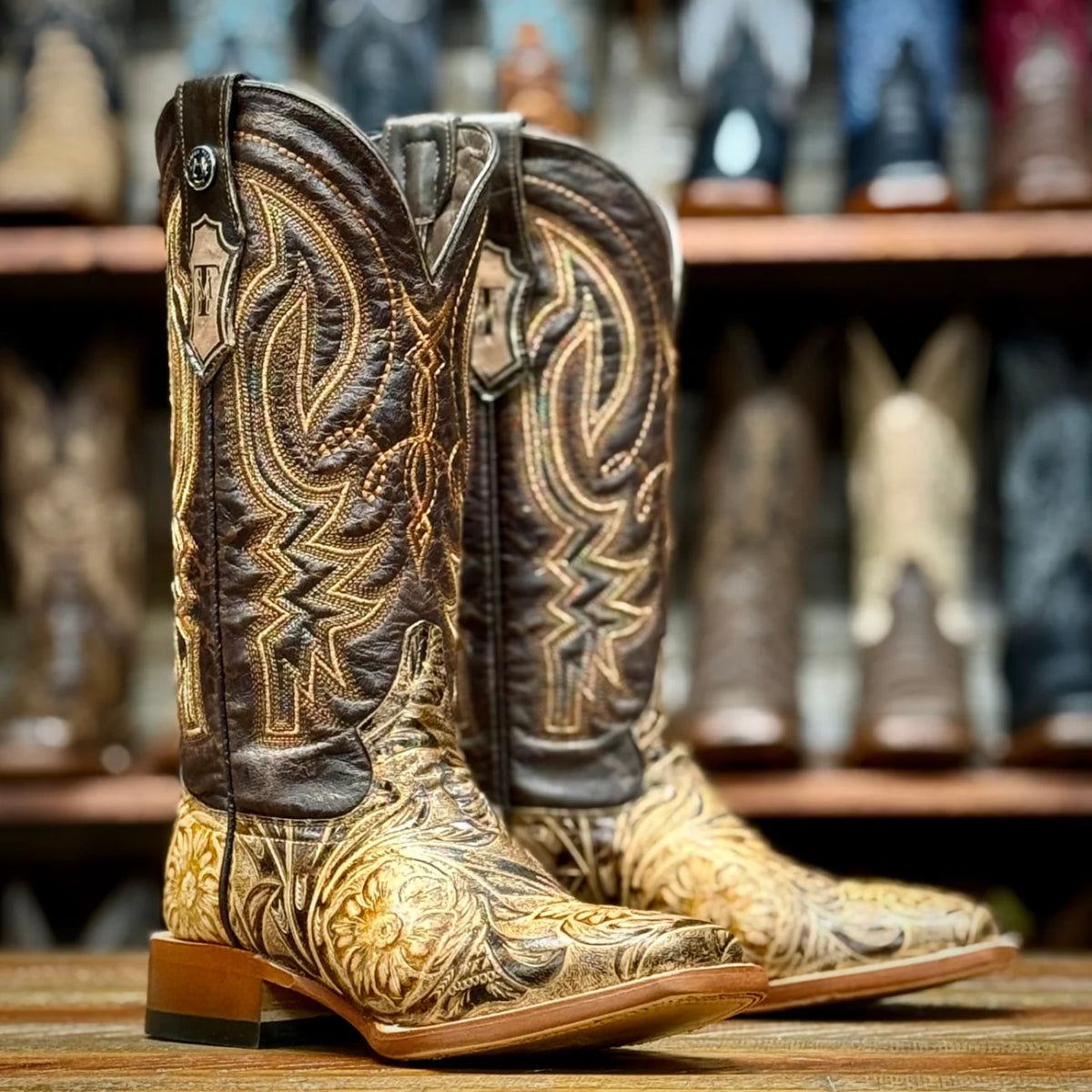 Tanner Mark Women's Hand Tooled Square Toe Leather Boots Almond Brown