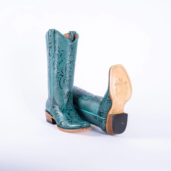 Tanner Mark Women's Hand Tooled Square Toe Leather Boots Turquoise - Tanner Mark Boots