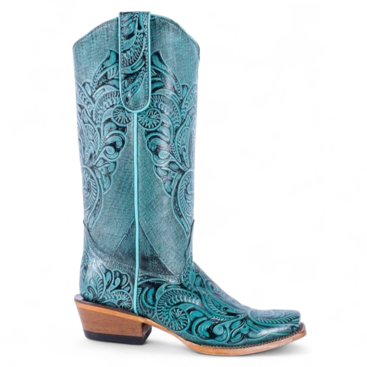 Tanner Mark Women's Hand Tooled Square Toe Leather Boots Turquoise - Tanner Mark Boots