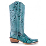Tanner Mark Women's Hand Tooled Square Toe Leather Boots Turquoise - Tanner Mark Boots