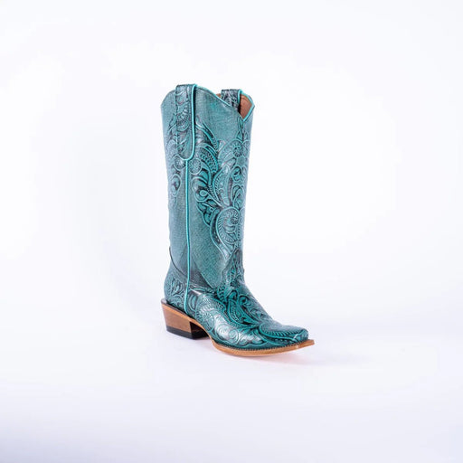 Tanner Mark Women's Hand Tooled Square Toe Leather Boots Turquoise - Tanner Mark Boots