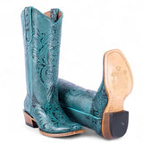 Tanner Mark Women's Hand Tooled Square Toe Leather Boots Turquoise - Tanner Mark Boots