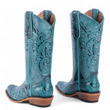 Tanner Mark Women's Hand Tooled Square Toe Leather Boots Turquoise - Tanner Mark Boots