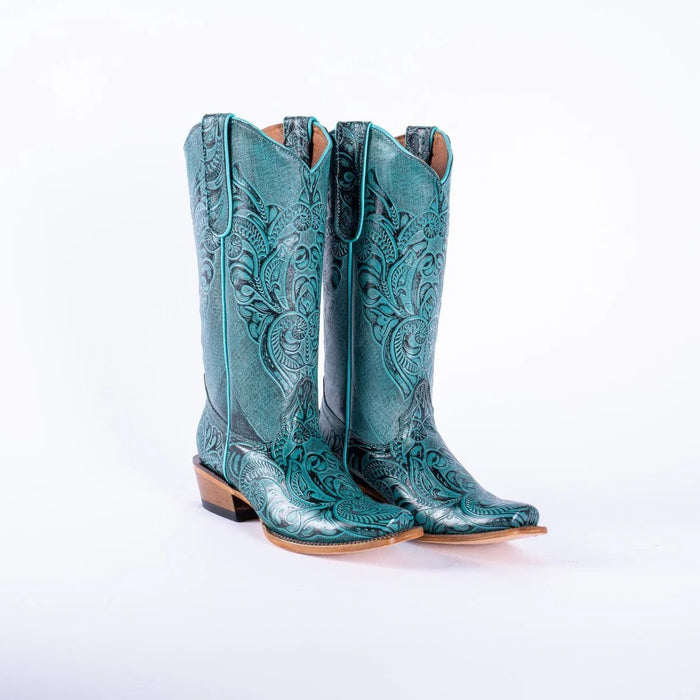 Tanner Mark Women's Hand Tooled Square Toe Leather Boots Turquoise - Tanner Mark Boots