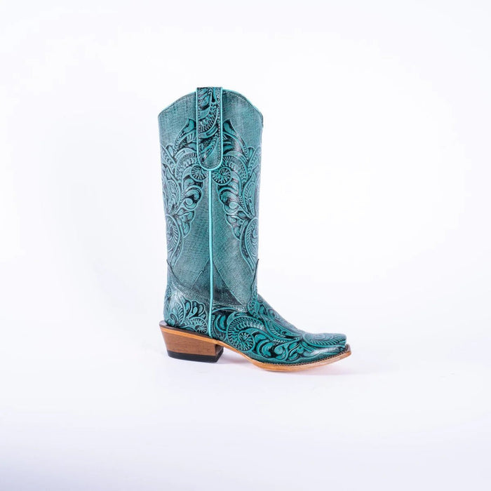 Tanner Mark Women's Hand Tooled Square Toe Leather Boots Turquoise - Tanner Mark Boots