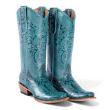 Tanner Mark Women's Hand Tooled Square Toe Leather Boots Turquoise - Tanner Mark Boots