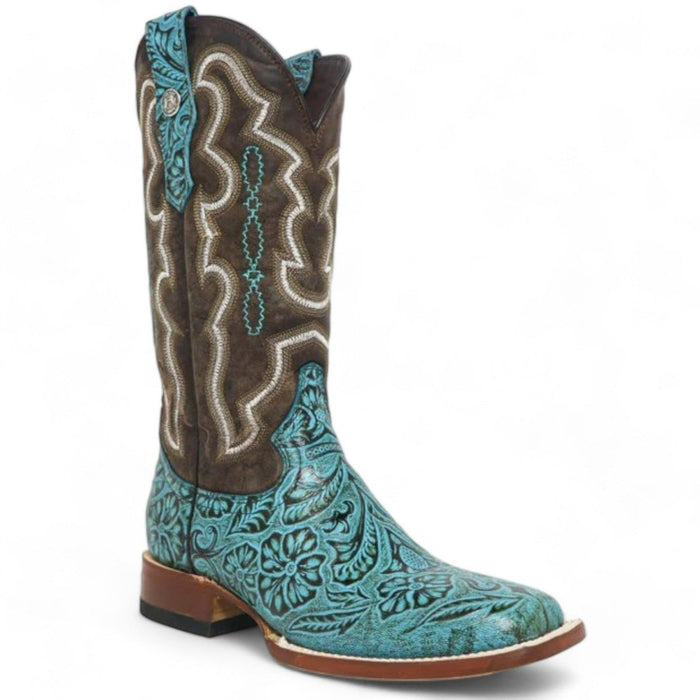 Tanner Mark Women's 'Misty" Hand Tooled Square Toe Leather Boots Turquoise TML207067 - Tanner Mark Boots