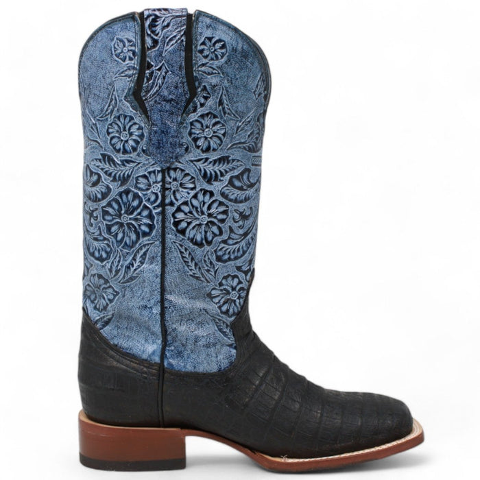 Tanner Mark Women's Print Caiman Belly Square Toe Boots Black TML207103 - Tanner Mark Boots