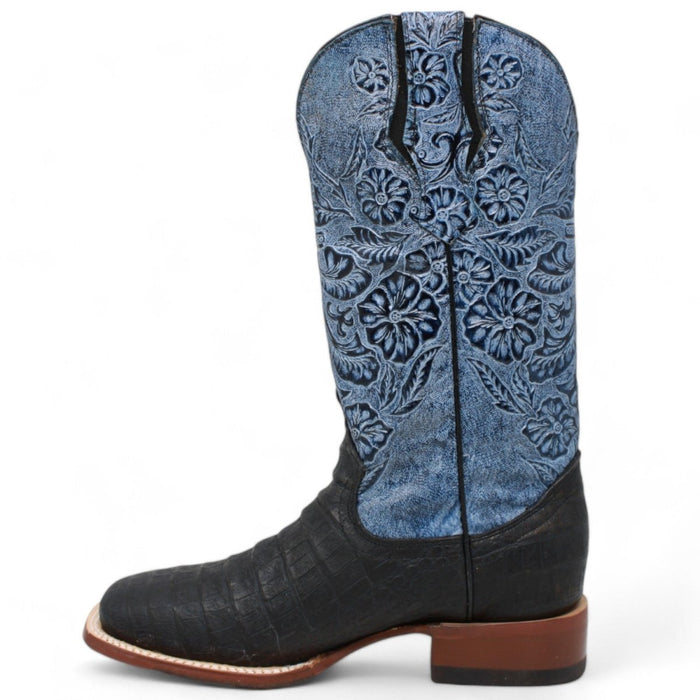 Tanner Mark Women's Print Caiman Belly Square Toe Boots Black TML207103 - Tanner Mark Boots