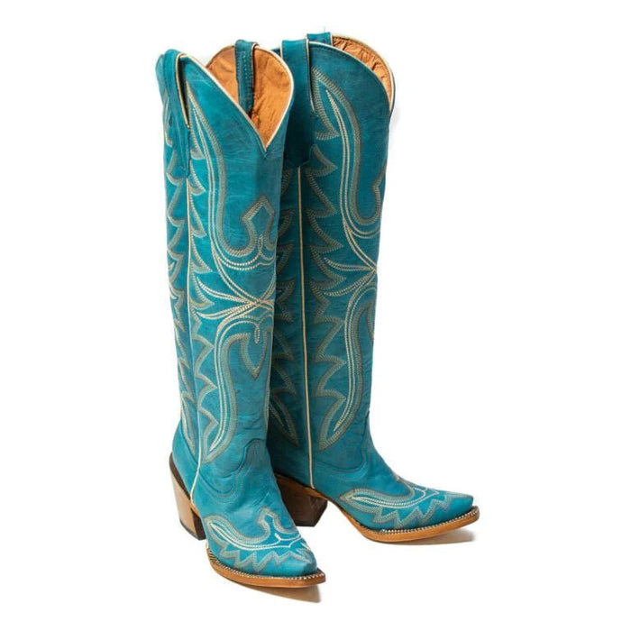 Tanner Mark Women's Snip Toe Fashion Heel Knee High Leather Boots Turquoise - Tanner Mark Boots