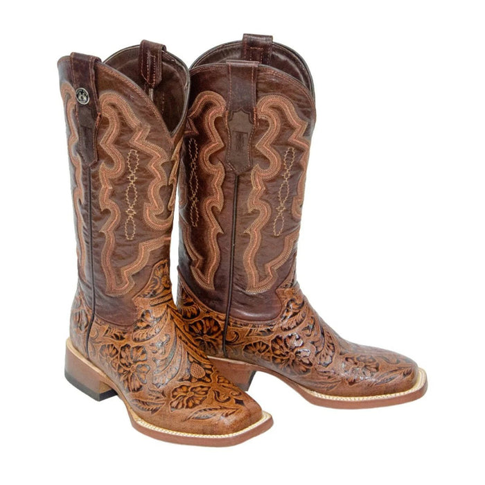 Tanner Mark Women's 'Wildfire' Hand Tooled Square Toe Leather Boots Cognac - Tanner Mark Boots