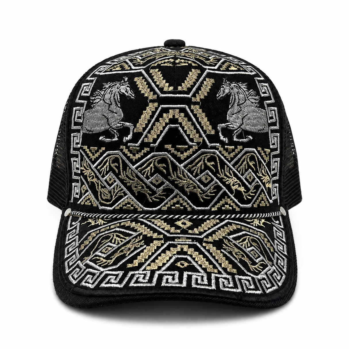 Gorra vaquera bordada negra tipo trucker diseno Caballos Aztecas Hooch Boots
