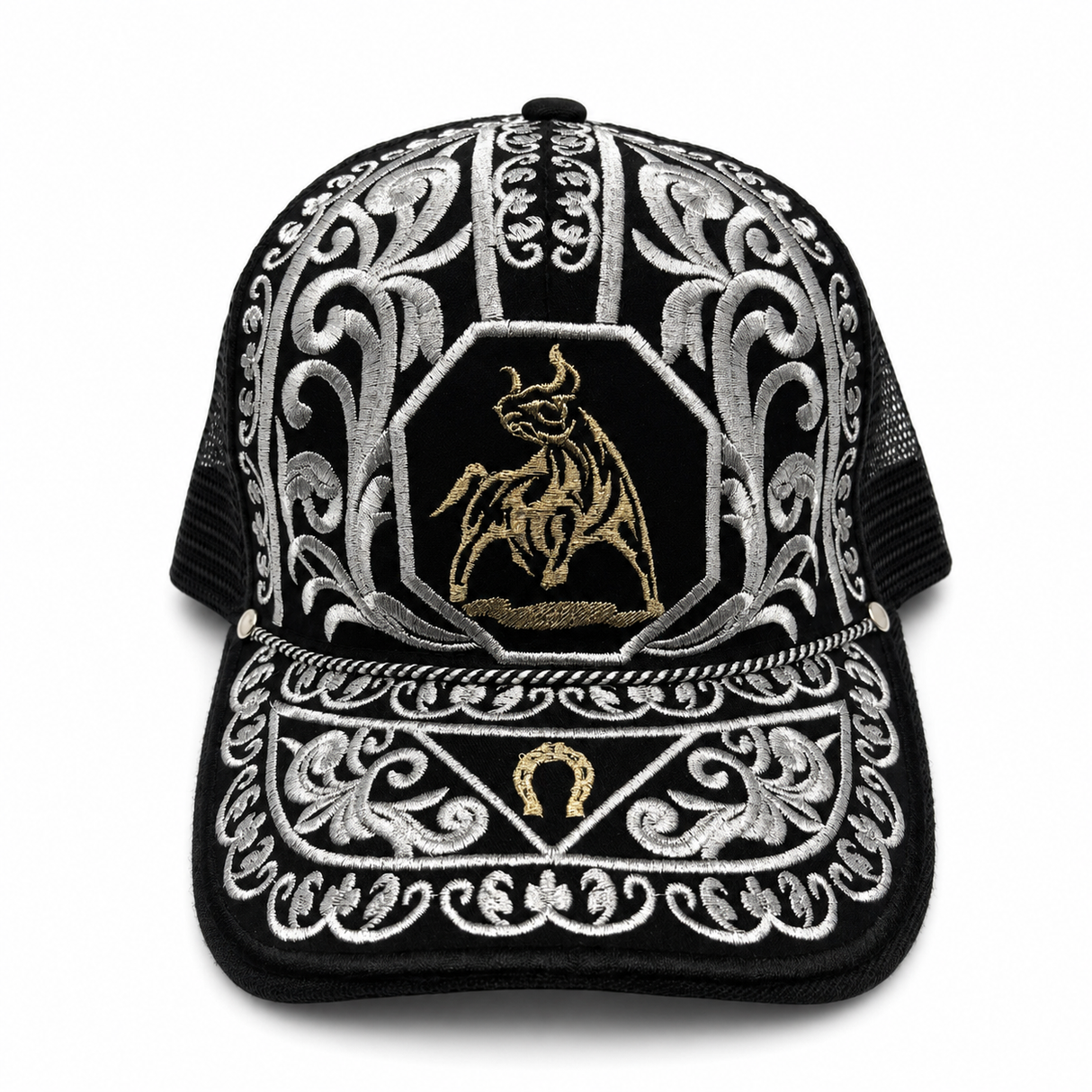 Gorra vaquera bordada negra tipo trucker diseno Toro Bronco Hooch Boots