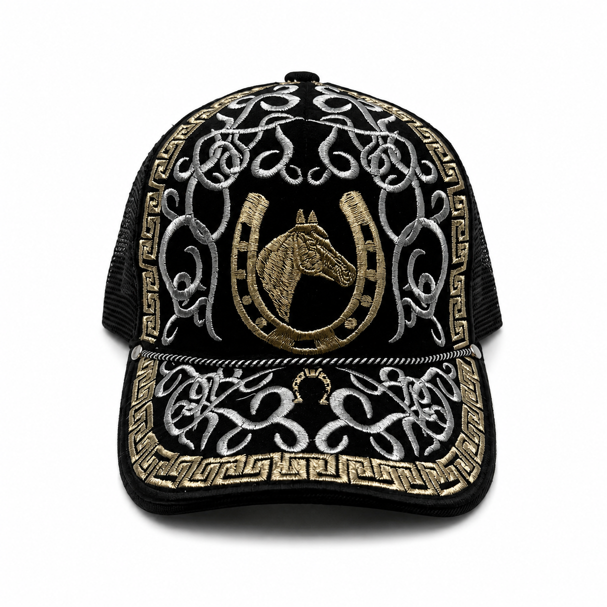 Gorra vaquera bordada negra tipo trucker diseno Caballo con Herradura Hooch Boots