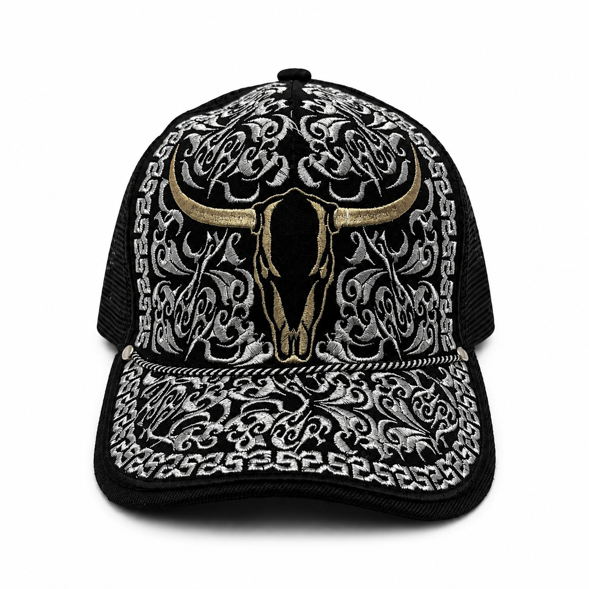 Gorra vaquera bordada negra tipo trucker diseno Craneo de Longhorn Hooch Boots