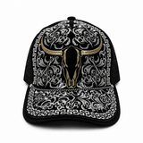 Gorra vaquera bordada negra tipo trucker diseno Craneo de Longhorn Hooch Boots