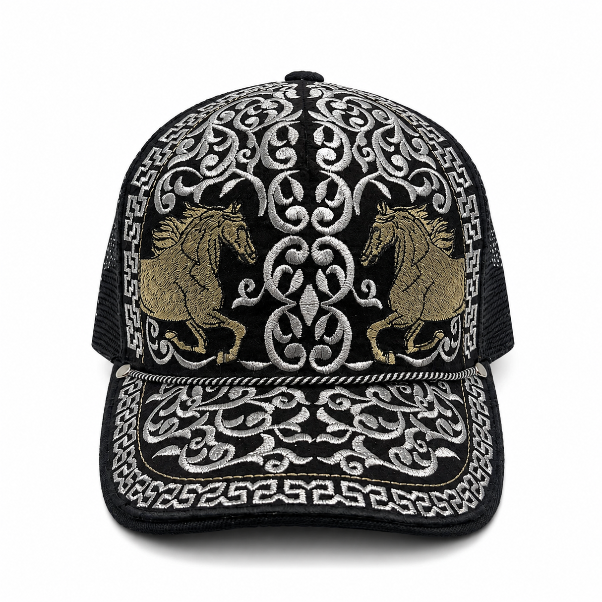 Gorra vaquera bordada negra tipo trucker diseno Caballos Gemelos Hooch Boots