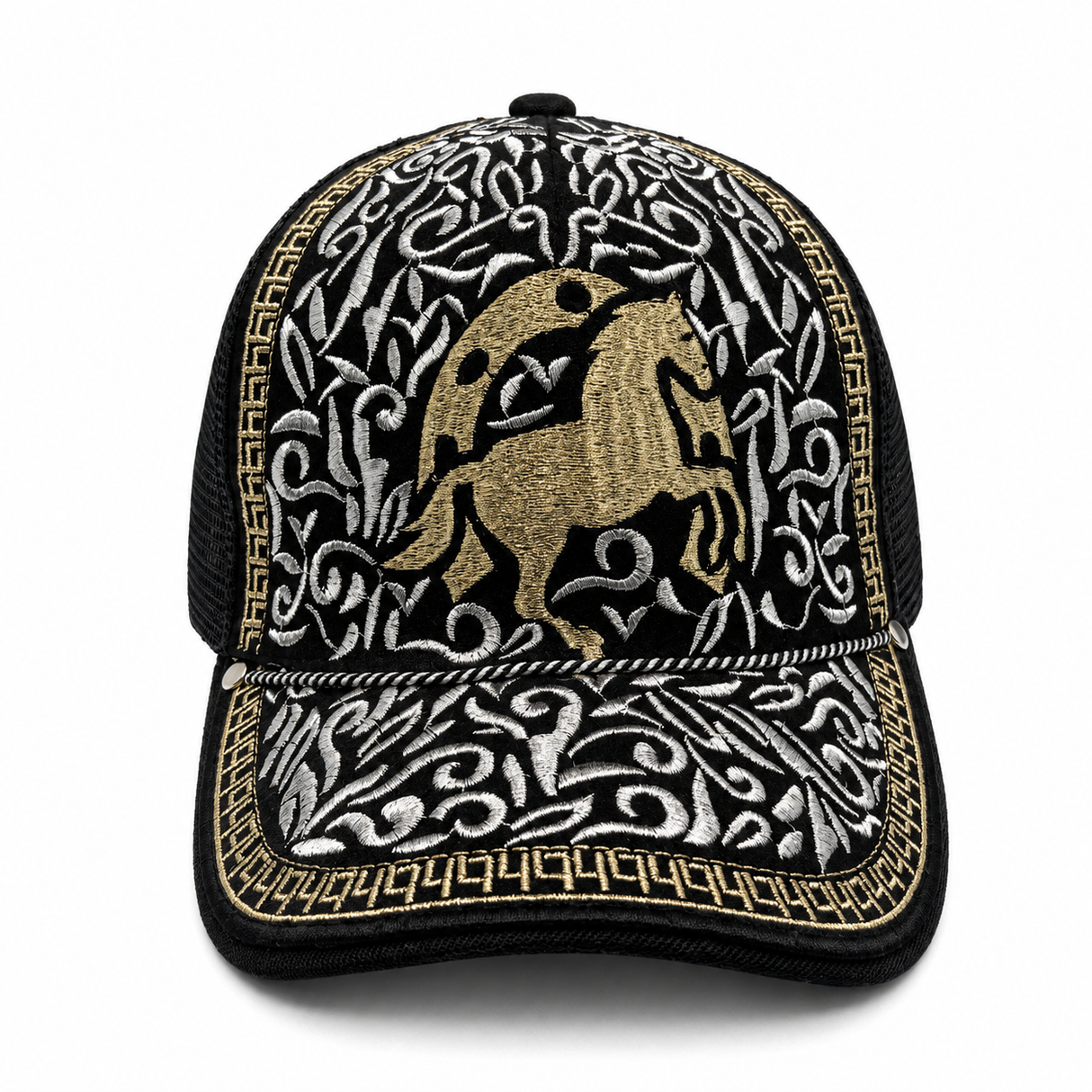 Gorra vaquera bordada negra tipo trucker diseno Dos Caballos Hooch Boots