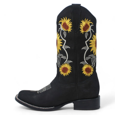 Women's Genuine Leather Square Toe Boots Sunflowers - Black - La Carreta