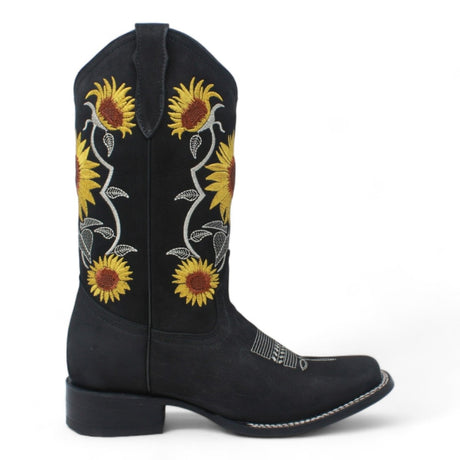 Women's Genuine Leather Square Toe Boots Sunflowers - Black - La Carreta