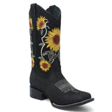 Women's Genuine Leather Square Toe Boots Sunflowers - Black - La Carreta