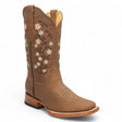 Botas de Piel Original Punta Amplia Cuadrada Para Dama Color Tan - Hooch Boots - Side View