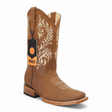 Women's Genuine Leather Square Toe Boots - Tan - Hooch Boots - Side View