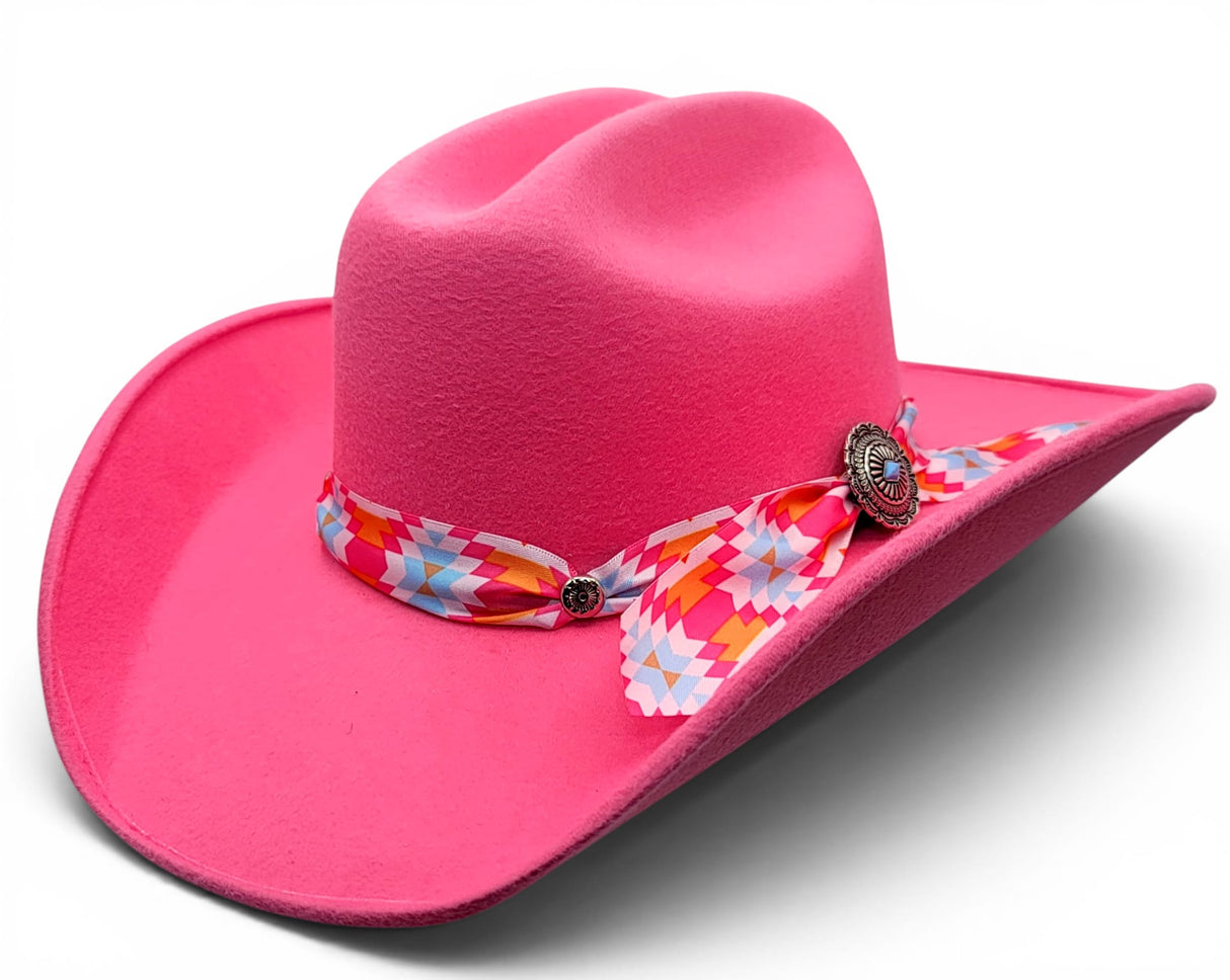 Texana para mujer de fieltro sintetico color rosa con cinta Charlie multicolor Hooch Boots HTD63 vista tres cuartos