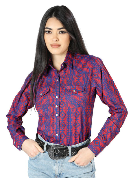 Womens Red Blue Long Sleeve Western Shirt 44203 - Diana Zapateria Inc