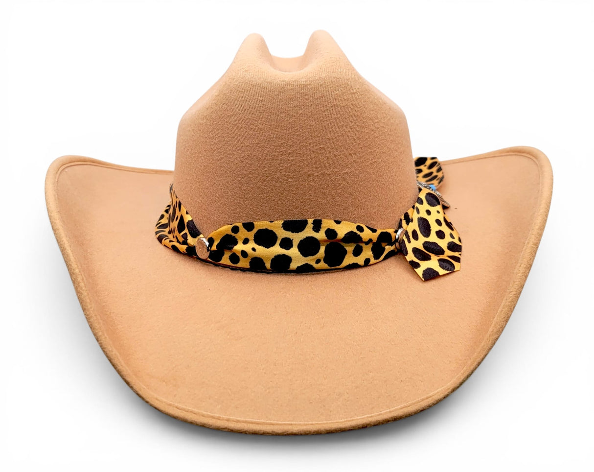 Texana para mujer de fieltro sintetico color miel con cinta Charlie animal print Hooch Boots HTD67 vista frontal