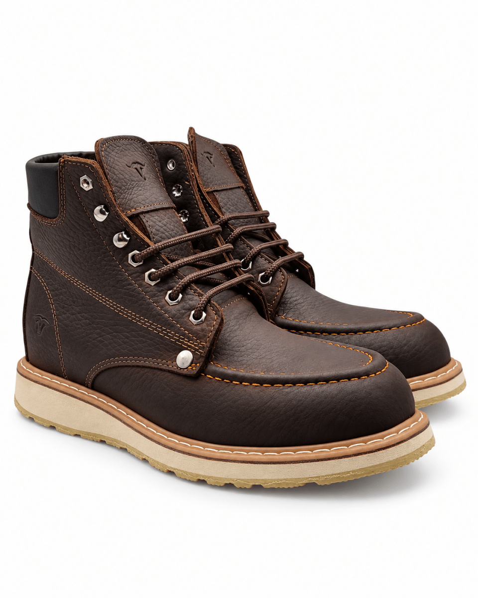 Zapato de Trabajo de 6" para Hombre Punta Moc Suave de Piel Genuina Color Chocolate con Suela de Hule Antiderrapante Resistente a Aceite – Hooch Boots H80194 - Hooch