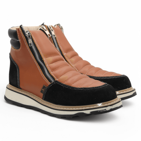 Zapato de Trabajo para Hombre de Piel Crazy Color Honey - Black con Doble Cierre Punta Redonda – Hooch Boots H40651 - Hooch Boots
