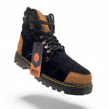 Zapato de Trabajo para Hombre de Piel Nobuck con Punta Redonda y Suela Transparente de Hule Color Negro y Honey – Hooch Boots H70151 - Hooch Boots