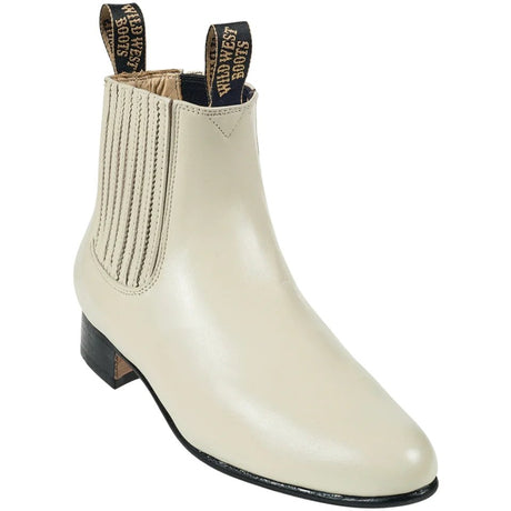 Charro Leather Round Toe Ankle Boots Winter White Color - Wild West Boots - Side View