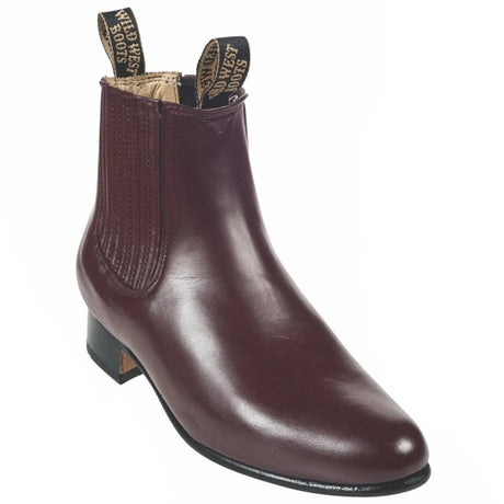 Charro Leather Round Toe Ankle Boots Burgundy Color - Wild West Boots - Side View
