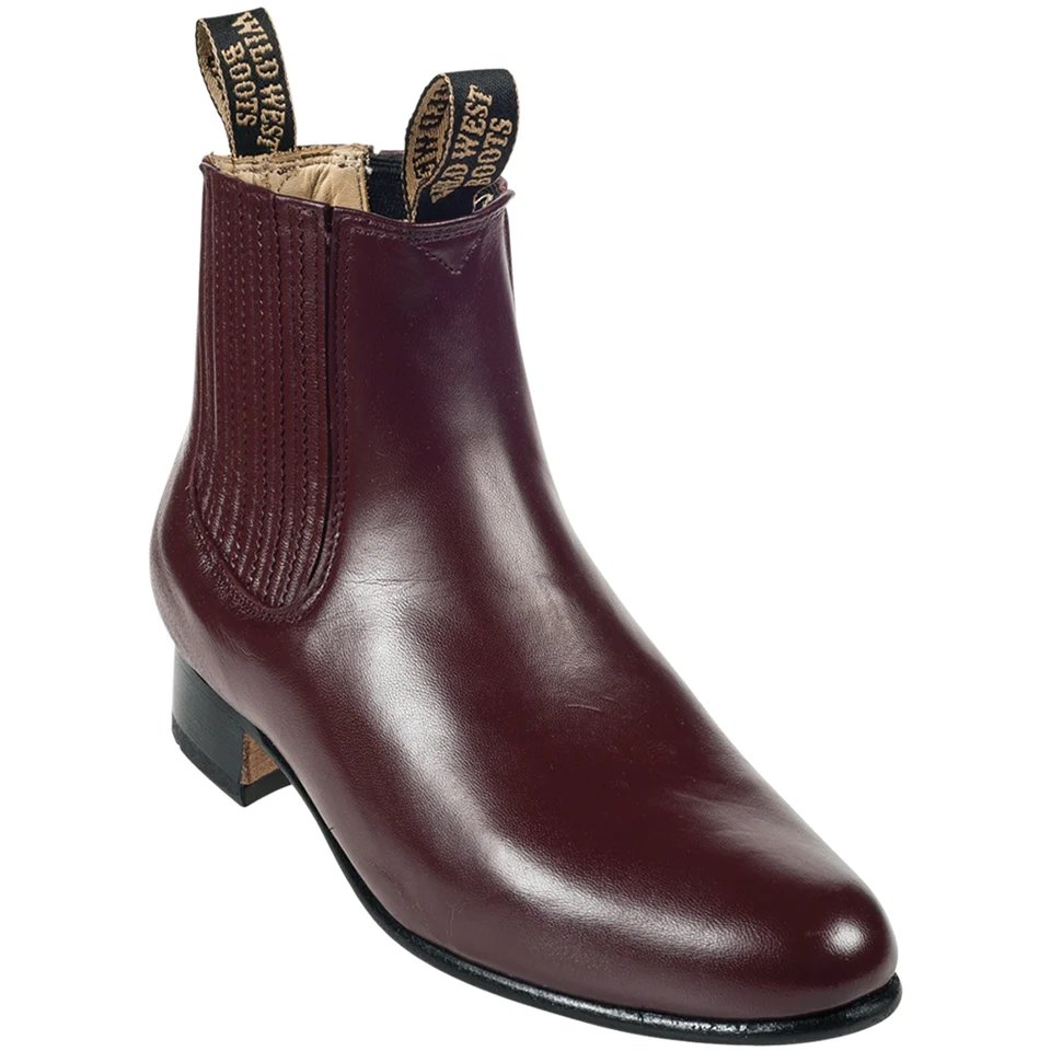 Charro Deer Round Toe Ankle Boots Burgundy  Color - Wild West Boots - Side View 