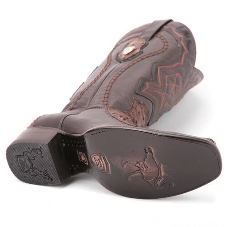 Western Genuine Ostrich and Deer Leather Square Dubai Toe Boots Faded Brown Color - Wild West Boots - Down Side View 